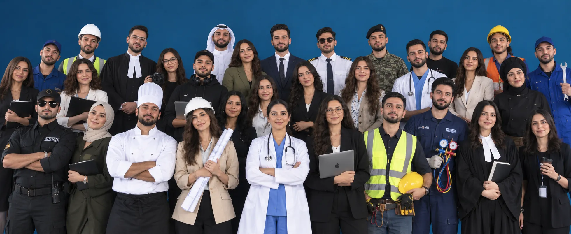 Professionals in many uniforms: accounting, executive, call centre, chef, builder, technician, IT, architect, engineer, lawyer and doctor