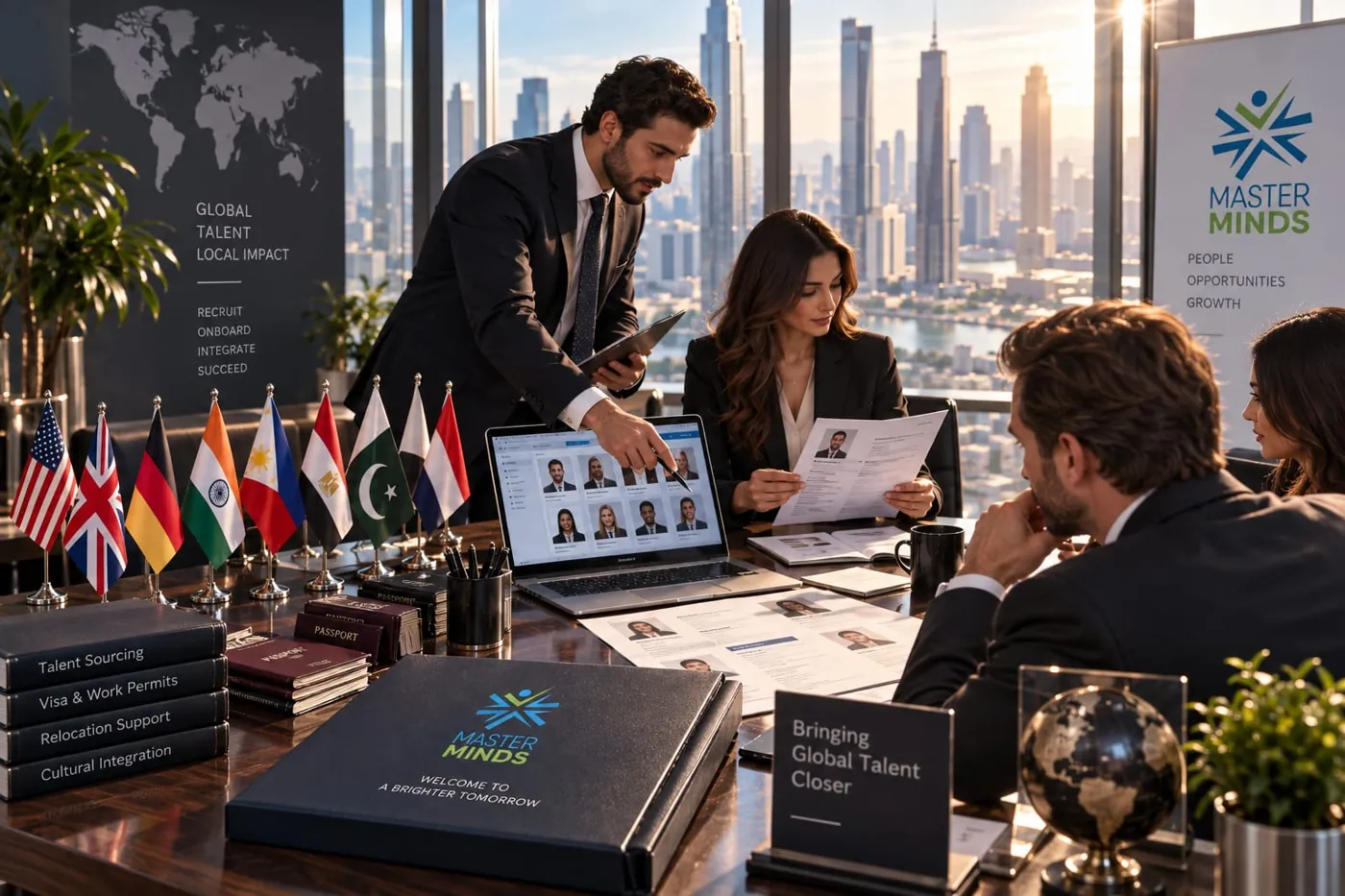 A MasterMinds team reviewing international candidates