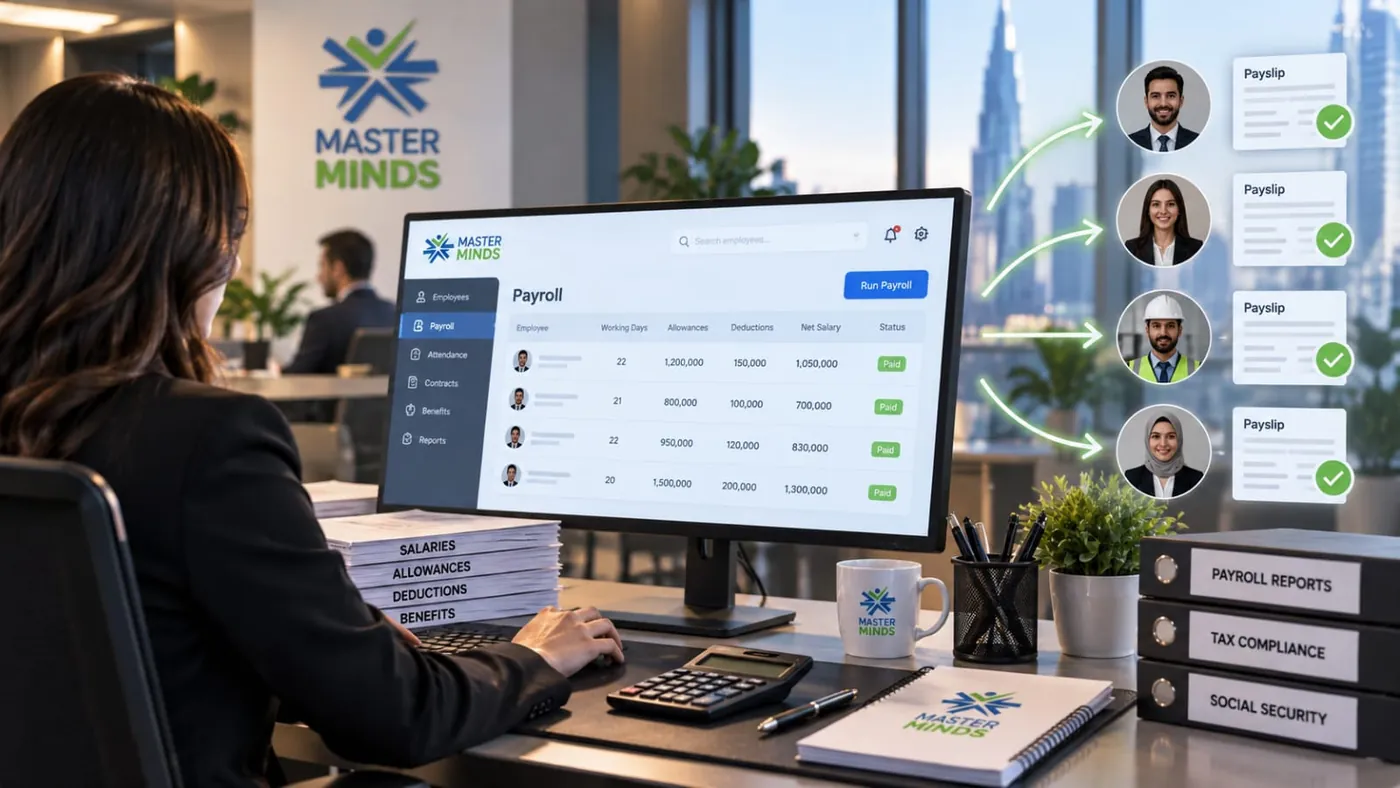 A MasterMinds payroll run with payslips going out to each employee
